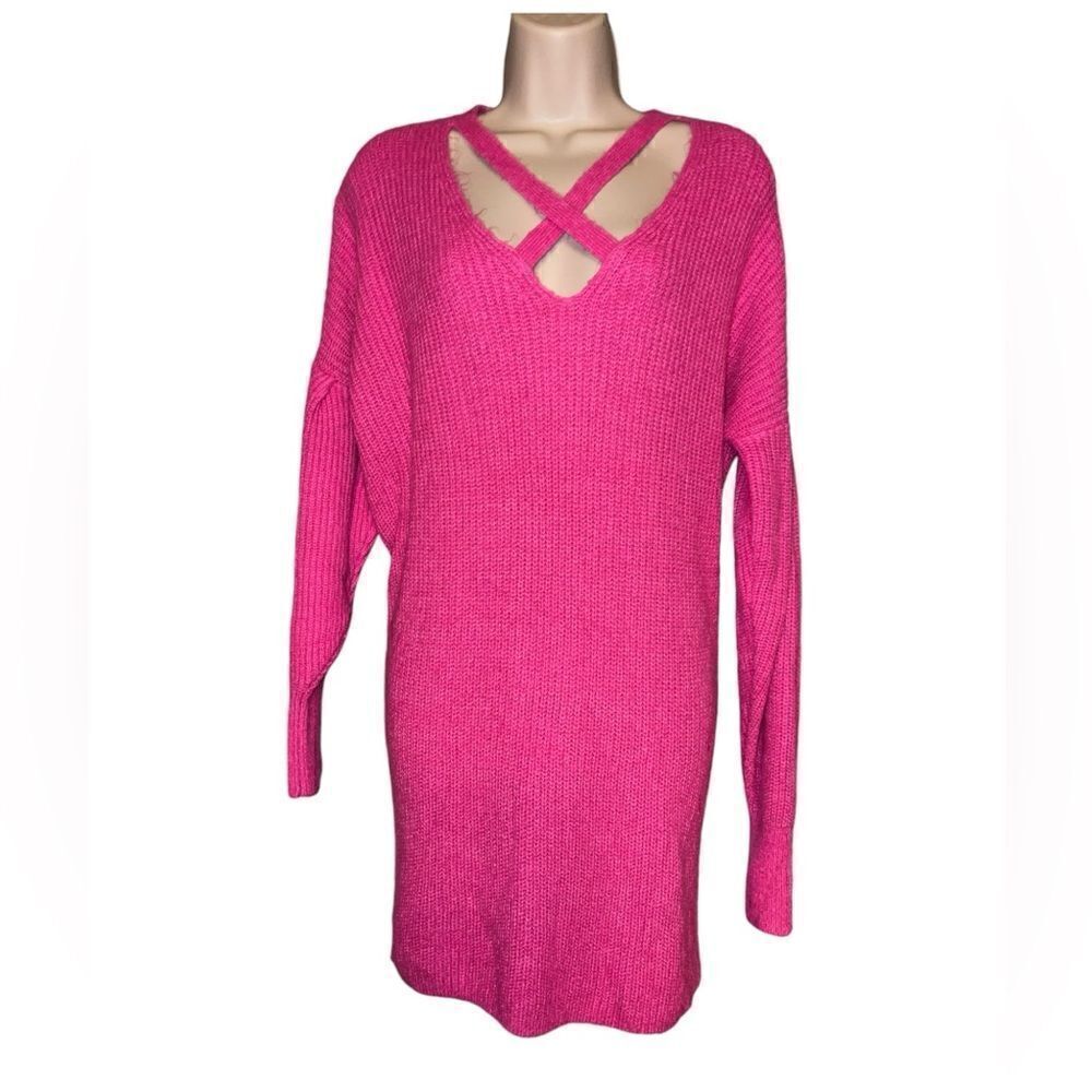EXpress  Pink Sweater Dress Super Soft Cris Cross Neckline Long Sleeve